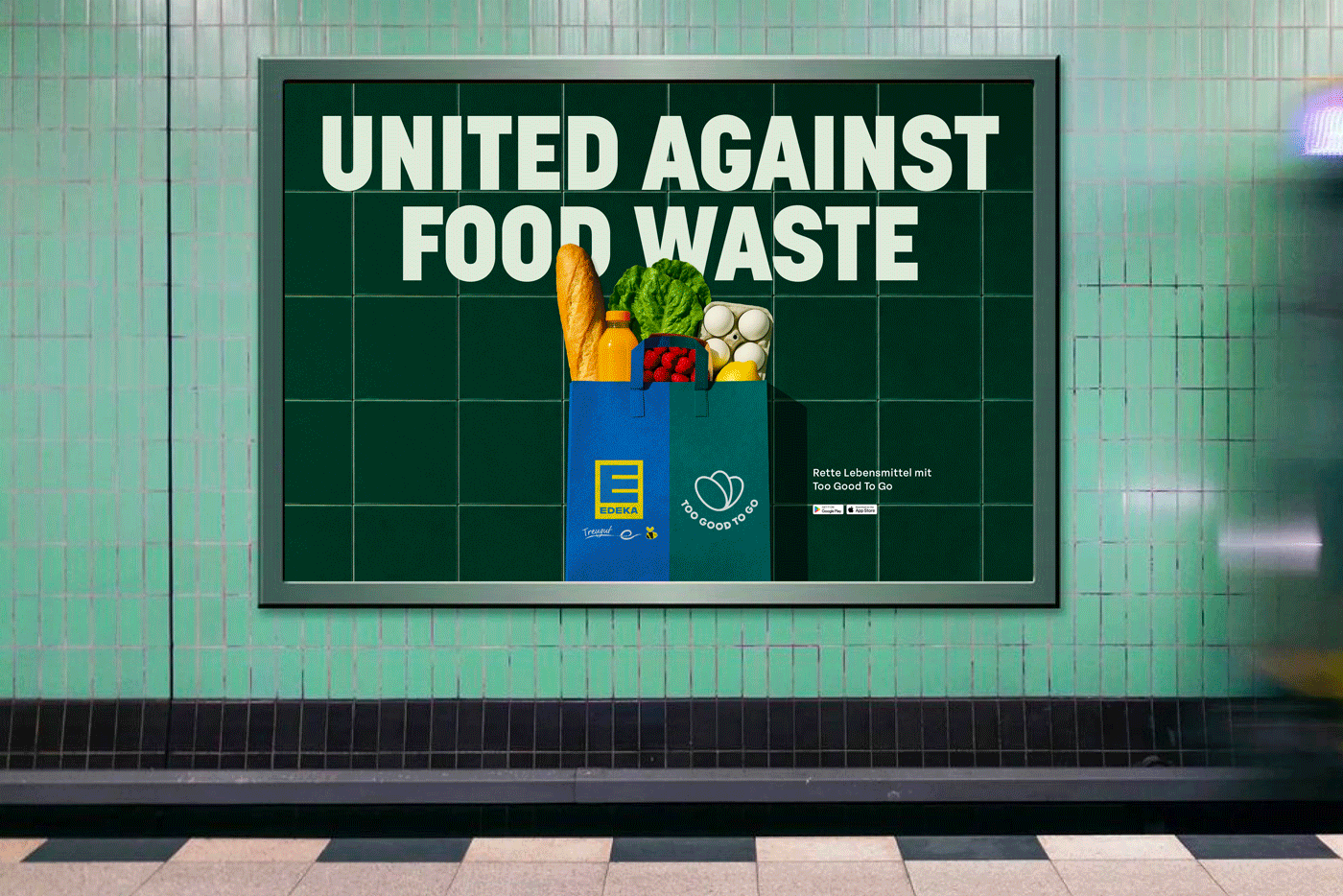 Animated 'United Against Food Waste' poster on a subway tile wall, cycling through Edeka, Denns Bio, Starbucks and Brammibal's Donuts